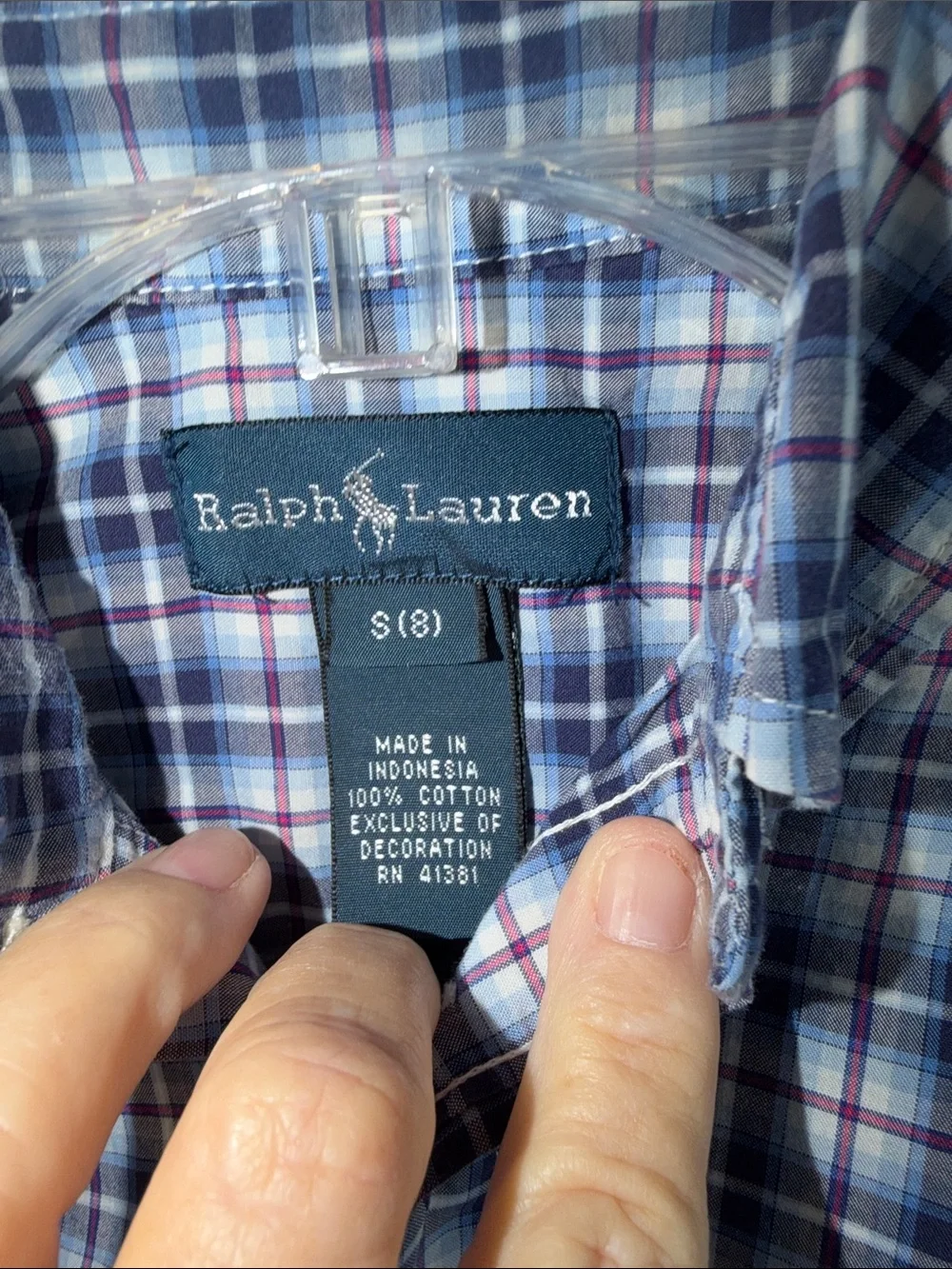 Ralph Lauren Blue and White Plaid Button-Down Shirt with Red Pony